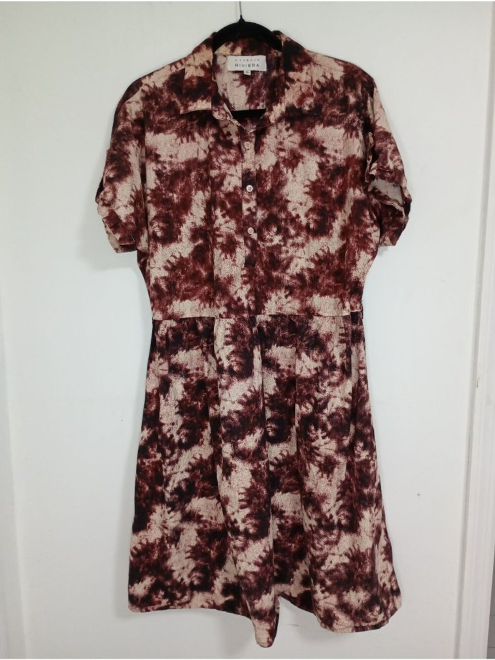 Margaux Riviera Womens XL Tie-Dye Button-Up Dress 100% Cotton Burgundy & Beige